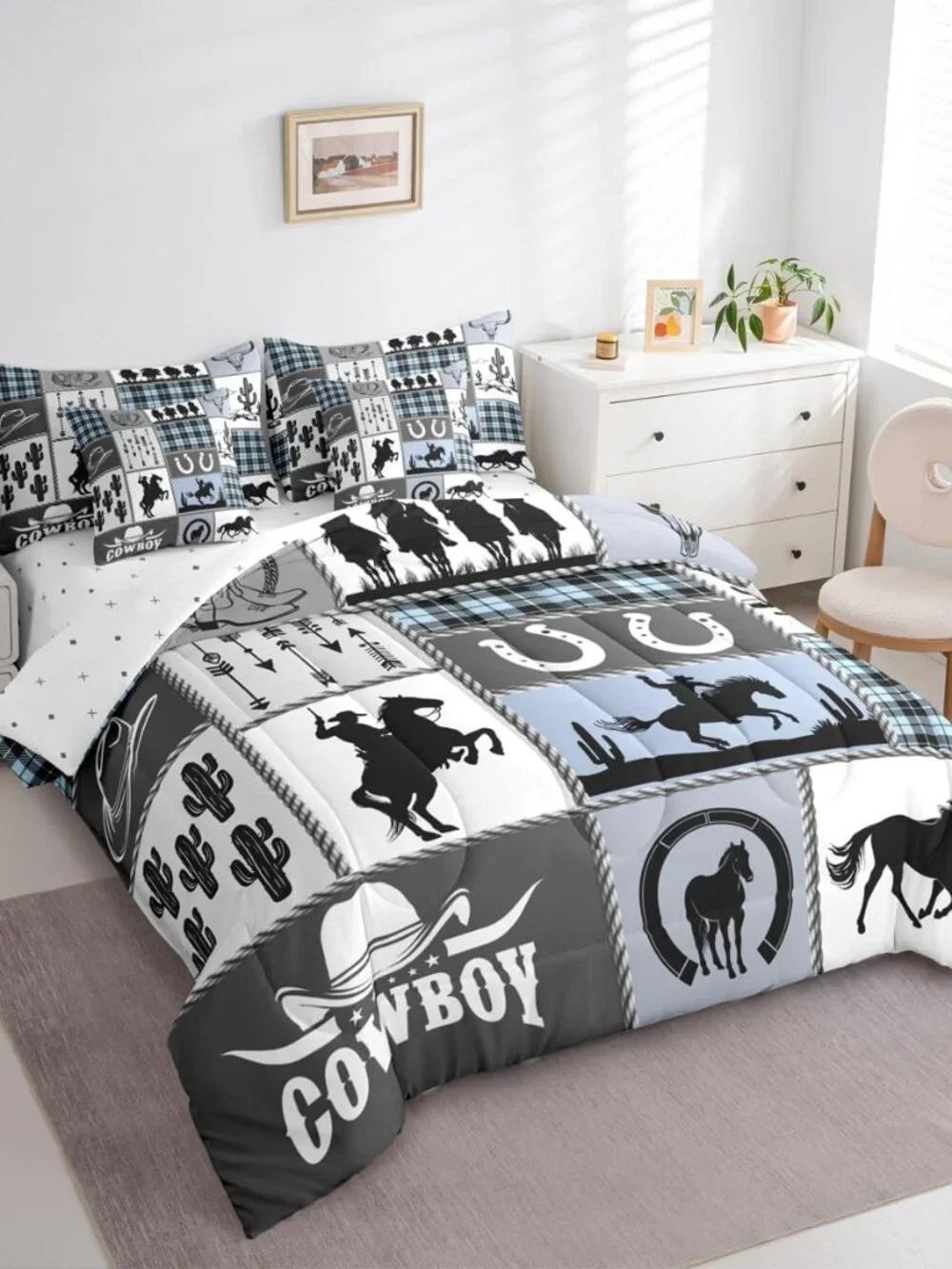 7 Pieces King Size Western Cowboy Kids Comforter Set,Horseshoes Cactus Rustic Fa